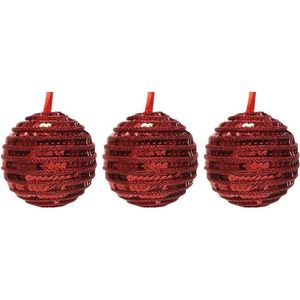 3x Kunststof kerstballen kerst rood 8 cm pailletten kerstboom versiering/decoratie   -