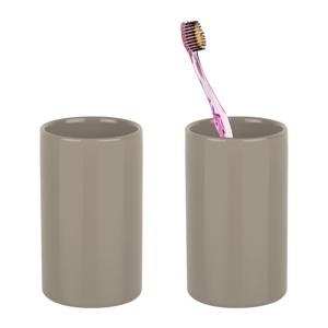 Badkamer drinkbeker/tandenborstelhouder Sienna - 2x - porselein - glans beige - 7 x 11 cm