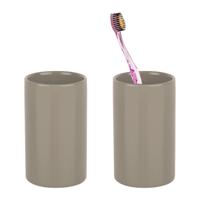 Badkamer drinkbeker/tandenborstelhouder Sienna - 2x - porselein - glans beige - 7 x 11 cm