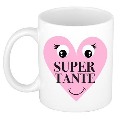 Cadeau koffie/thee mok voor Tante - roze - Super Tante hartje - keramiek - 300 ml