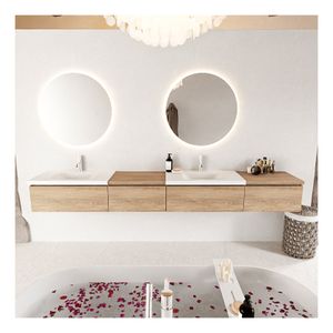 Mondiaz Bukla 280cm badmeubel met module 60 links kleur washed oak met 4 lades wastafel dubbel 2 kraangaten kleur talc