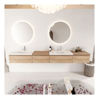 Mondiaz Bukla 280cm badmeubel met module 60 links kleur washed oak met 4 lades wastafel dubbel 2 kraangaten kleur talc