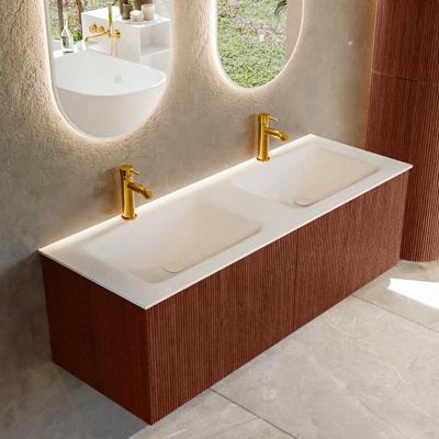 Badmeubel Mondiaz Kurve | 130 cm cm | Meubelkleur Ruby | Wastafelkleur Talc | Solid surface | Wasbak beiden zijden spoelbak | 2 kraangaten