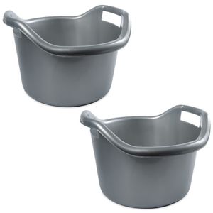 2x Schoonmaakemmers afwasteilen met hengsels 14 liter zilver 41 x 24 cm