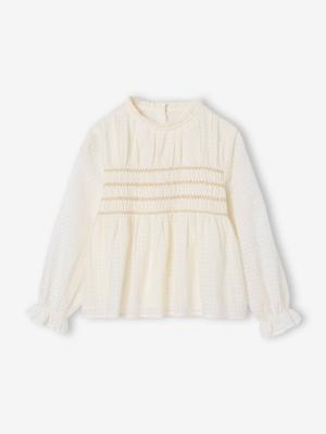 Blouse voor meisjes met geborduurde smocks voor Kerstmis ecru