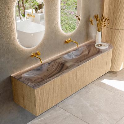 Badmeubel Mondiaz Kurve-Dlux | 175 cm | Meubelkleur Oak | Wastafelkleur Sombra | Solid surface | Dubbel / Links spoelbak | Zonder kraangat(en)