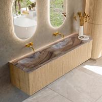 Badmeubel Mondiaz Kurve-Dlux | 175 cm | Meubelkleur Oak | Wastafelkleur Sombra | Solid surface | Dubbel / Links spoelbak | Zonder kraangat(en)