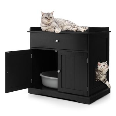 Kattenbak Verborgen Kattenwasruimte Meubilair met Lade en 2 Deuren Kattenhuis Bijzettafel Overdekt Kattenhuis Opbergkastje Zwart