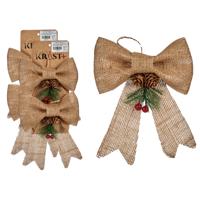 4x stuks kerstboomversiering kleine ornament strikjes/strikken jute beige glitters 15 x 16 cm