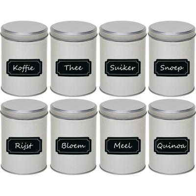 Ronde opbergblikken - 8x stuks - met beschrijfbare krijtbord etiketten - 9.5 x 13 cm