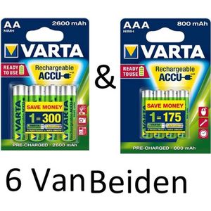 (6 Van Beiden) Varta AA & AAA oplaadbare batterijen Combi aanbieding 2600 mAh & 800 mAh