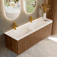 Mondiaz KURVE-DLUX 145 cm Onderkast Greeploos 1 Lade Met Deuren Walnut, Wastafel Solid Surface Links Frappe 2 Kraangaten Zonder Spiegel (KRVLEA145R1L1D2KD-Wal/Fra)