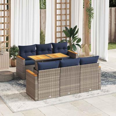 7-delige Loungeset met kussens poly rattan grijs