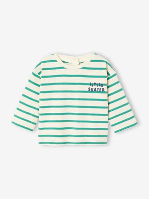 Gestroomd T-shirt met drukknoopjes op de rug voor baby's in biologisch katoen groen, gestreept