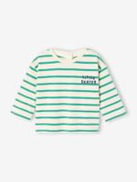 Gestroomd T-shirt met drukknoopjes op de rug voor baby's in biologisch katoen groen, gestreept