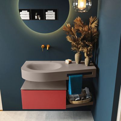 MONDIAZ RIVA 100cm badmeubel onderkast / planchet kleur Fire met 1 lade. Wastafel DULCET links 0 kraangaten kleur Smoke.