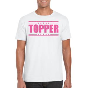 Bellatio Decorations Verkleed T-shirt voor heren - topper - wit - roze glitters - feestkleding 2XL  -