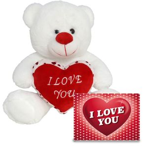 Pluche knuffel Valentijn I Love You beertje 30cm met hartjes wenskaart