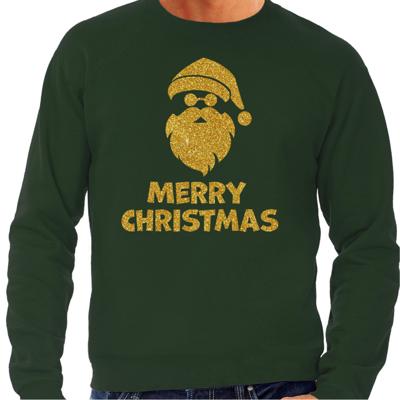 Foute Kersttrui / sweater - voor heren - Merry Christmas - groen - glitter goud - kerstman Foute Kersttrui / sweater - voor heren - Merry Christmas - groen - glitter goud - kerstman