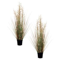 Louis Maes Quality kunstplant - 2x stuks - Siergras met bes - groen/bruin - H75 cm - in pot