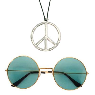 Hippie Flower Power verkleed set - peace ketting - en ronde groene glazen party bril