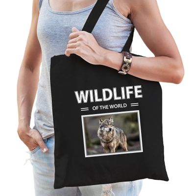 Katoenen tasje Wolven zwart - wildlife of the world Wolf cadeau tas