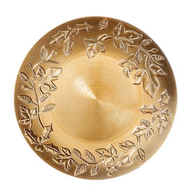 Kaarsenbord/onderbord - goud met bladeren - kunststof - D33 cm - rond