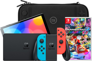 Nintendo Switch OLED Blauw/Rood + Mario Kart 8 Deluxe + BlueBuilt Beschermhoes