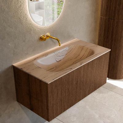 Badmeubel Mondiaz Kurve-Dlux | 90 cm | Meubelkleur Walnut | Wastafelkleur Arena | Solid surface | Wasbak midden spoelbak | Zonder kraangat(en)