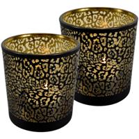 Theelichthouder - Set van 3x stuks - mat zwart - 18 cm - jaguar print - glas - waxinelichthouder