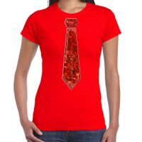 Verkleed t-shirt voor dames - stropdas rood - pailletten - rood - carnaval - foute party