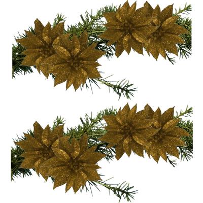 Kerstboomversiering Bloemen - 8x stuks - 9 cm - goud glitter - op clip