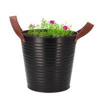 Plantenpot/bloempot emmer Leather - rond - zink - zwart - D20 x H19 cm