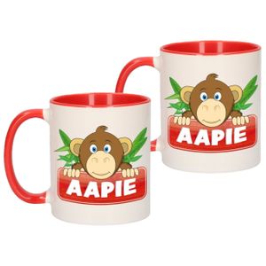 2x stuks kinder apen mok / beker Aapie rood / wit 300 ml