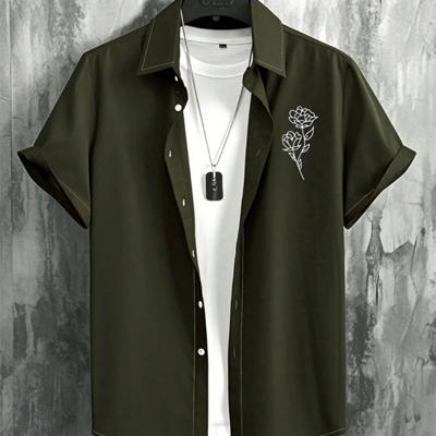 Manfinity Homme Men's Floral Rose Print Short Sleeve Button Shirt Army Green / L