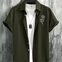 Manfinity Homme Men's Floral Rose Print Short Sleeve Button Shirt Army Green / L