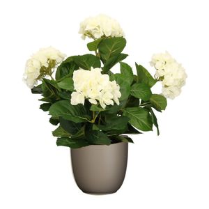 Hortensia kunstplant/kunstbloemen 45 cm - wit - in pot taupe mat