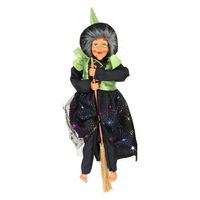 Halloween decoratie heksen pop - vliegend op bezem - 40 cm - zwart/groen - thumbnail