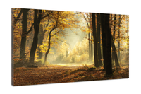 Karo-art Schilderij - Pad door een mistige bos tijdens een prachtige mistige herfst dag, 120x80cm  Premium print - thumbnail