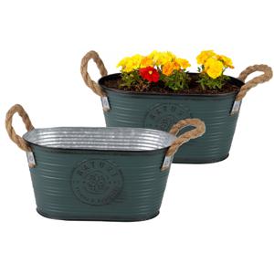 Plantenpot/bloempot teil voor buiten - 2x - zink - petrolblauw - L24 x D14 x H12 cm