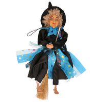 Halloween decoratie heksen pop op bezem - 30 cm - zwart/blauw - Halloween poppen