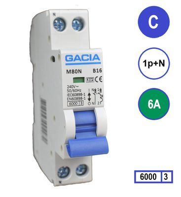 GACIA M80N-C06 installatieautomaat 1p+n C6 6kA (18mm)