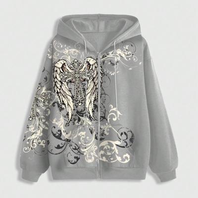 Bon&Bon Women's Grunge Punk Cross & Wings Graphic Zip-Up Hoodie Grey-2 / XS