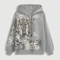 Bon&Bon Women's Grunge Punk Cross & Wings Graphic Zip-Up Hoodie Grey-2 / XS