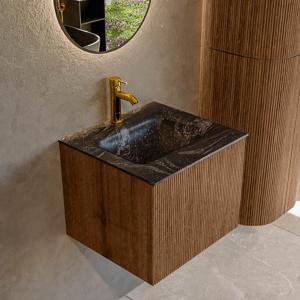 Badmeubel Mondiaz Kurve-Dlux | 50 cm | Meubelkleur Walnut | Wastafelkleur Lava | Solid surface | Midden spoelbak | 1 kraangat