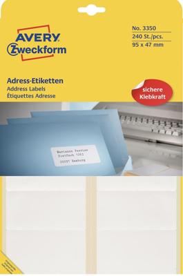 Avery Zweckform 3350 adresetiketten ft 95 x 47 mm (b x h), 240 etiketten, wit