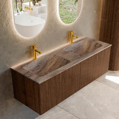 Badmeubel Mondiaz Kurve-Dlux | 130 cm | Meubelkleur Walnut | Wastafelkleur Oza | Solid surface | Wasbak beide zijden spoelbak | 2 kraangaten