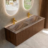 Badmeubel Mondiaz Kurve-Dlux | 130 cm | Meubelkleur Walnut | Wastafelkleur Oza | Solid surface | Wasbak beide zijden spoelbak | 2 kraangaten Badmeubel Mondiaz Kurve-Dlux | 130 cm | Meubelkleur Walnut | Wastafelkleur Oza | Solid surface | Wasbak beide zijden spoelbak | 2 kraangaten