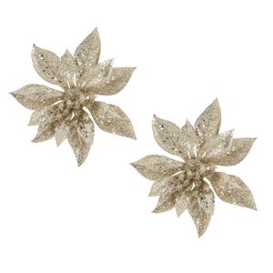 2x stuks decoratie bloemen kerstster champagne glitter op clip 15 cm