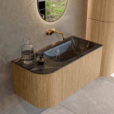 Mondiaz KURVE-DLUX 95 cm Onderkast Greeploos 1 Lade Met Deuren Oak, Wastafel Solid Surface Rechts Lava 0 Kraangaten Zonder Spiegel (KRVBGS95L1L1D0KR-Oak/Lav)